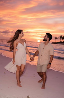 A romantic scene featuring a loving couple, enjoying a peaceful sunset on a beach