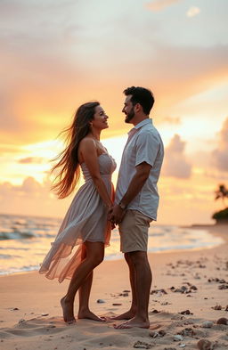A romantic scene featuring a loving couple, enjoying a peaceful sunset on a beach