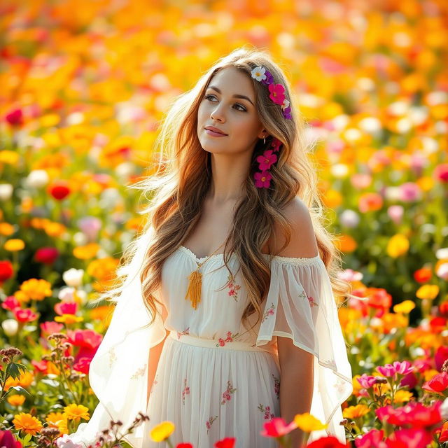 A beautiful woman standing gracefully amidst a vibrant field of flowers