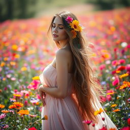 A beautiful woman standing gracefully amidst a vibrant field of flowers