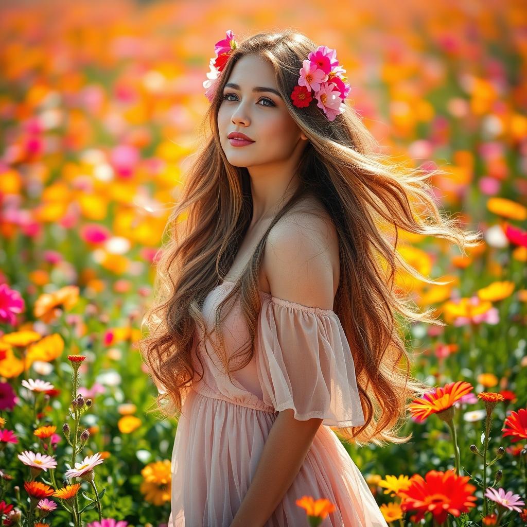 A beautiful woman standing gracefully amidst a vibrant field of flowers