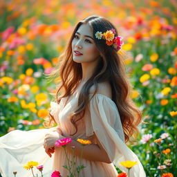 A beautiful woman standing gracefully amidst a vibrant field of flowers
