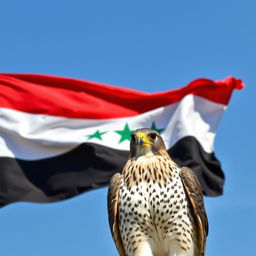 A vibrant and detailed depiction of the Free Syrian flag waving in the wind, with its three horizontal stripes of red, white, and black featuring green stars in the center