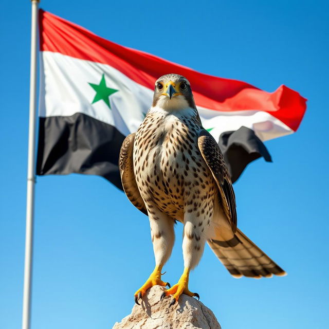 A vibrant and detailed depiction of the Free Syrian flag waving in the wind, with its three horizontal stripes of red, white, and black featuring green stars in the center