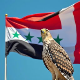 A vibrant and detailed depiction of the Free Syrian flag waving in the wind, with its three horizontal stripes of red, white, and black featuring green stars in the center