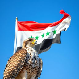 A vibrant and detailed depiction of the Free Syrian flag waving in the wind, with its three horizontal stripes of red, white, and black featuring green stars in the center