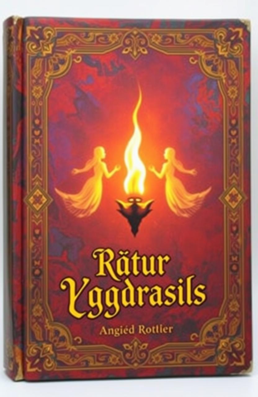 An ancient fantasy book cover, richly ornamented with vivid colors in the background