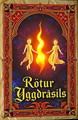 An ancient fantasy book cover, richly ornamented with vivid colors in the background