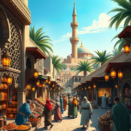A vibrant Mamluk town in medieval times, showcasing intricate Islamic architecture with detailed stone carvings and ornamented facades