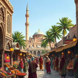 A vibrant Mamluk town in medieval times, showcasing intricate Islamic architecture with detailed stone carvings and ornamented facades
