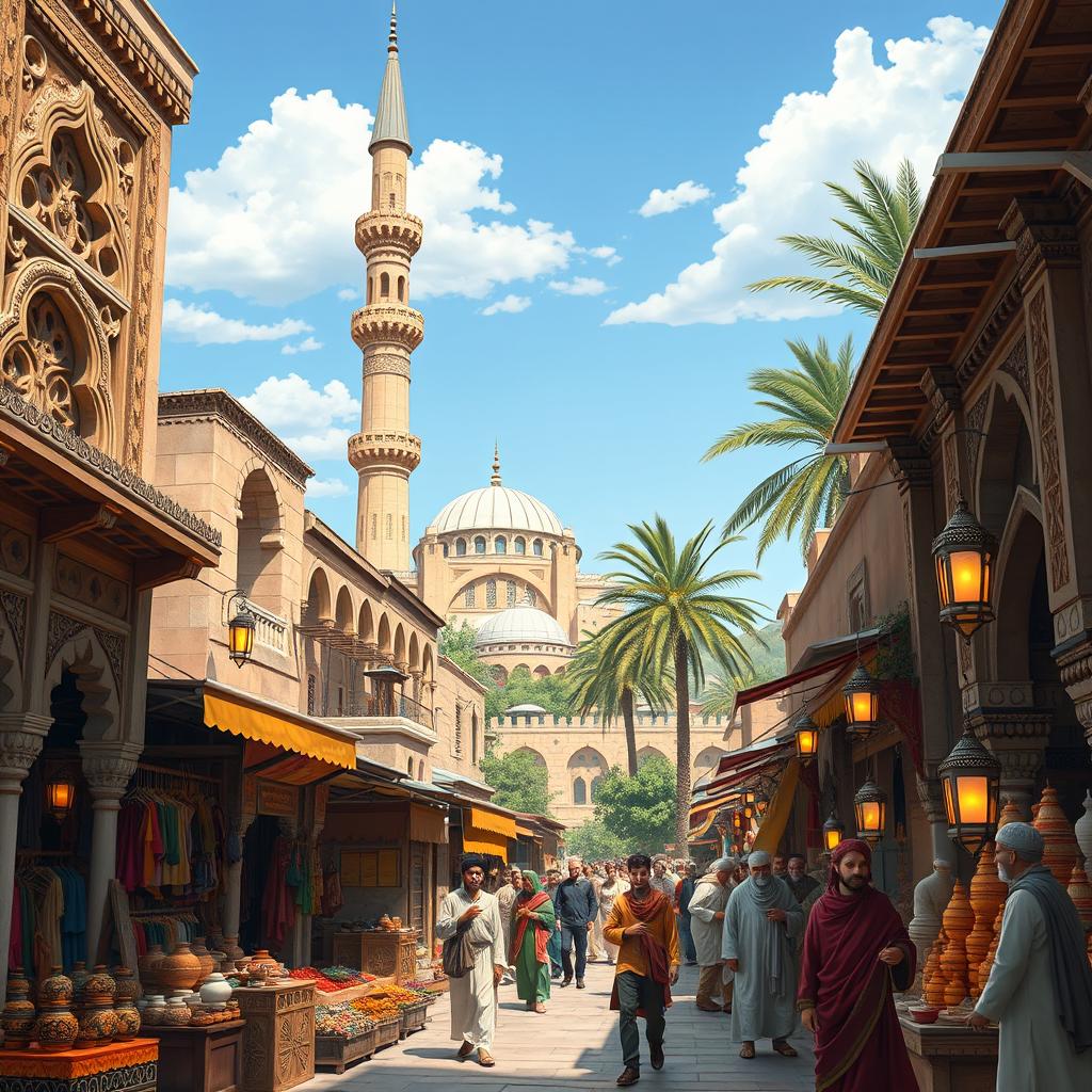 A vibrant Mamluk town in medieval times, showcasing intricate Islamic architecture with detailed stone carvings and ornamented facades