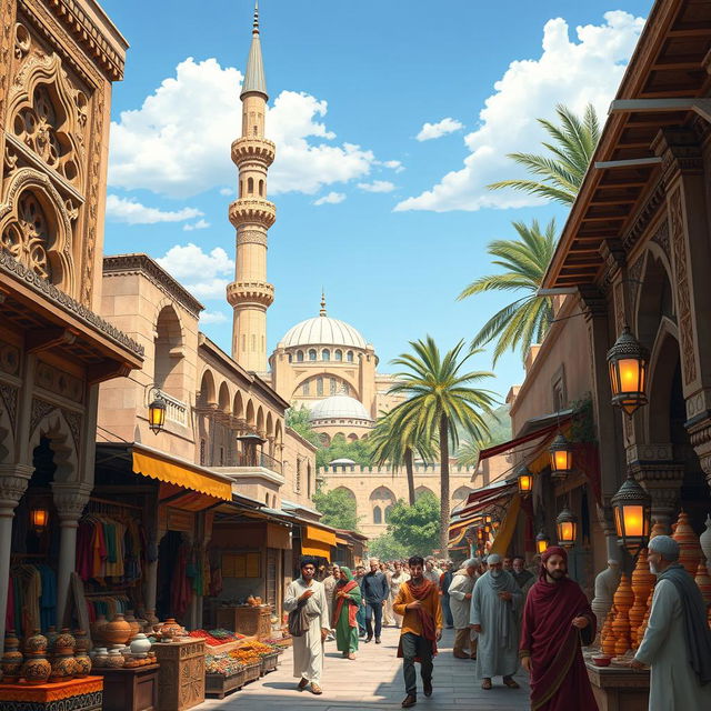 A vibrant Mamluk town in medieval times, showcasing intricate Islamic architecture with detailed stone carvings and ornamented facades