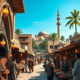 A vibrant Mamluk town in medieval times, showcasing intricate Islamic architecture with detailed stone carvings and ornamented facades