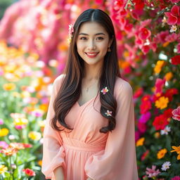 An elegant Asian woman standing gracefully in a vibrant flower garden