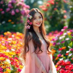 An elegant Asian woman standing gracefully in a vibrant flower garden