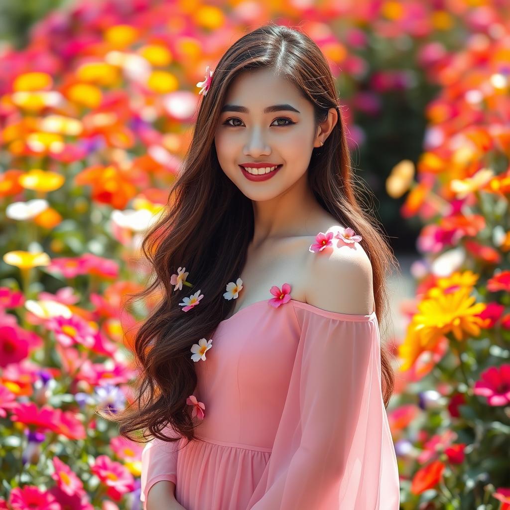 An elegant Asian woman standing gracefully in a vibrant flower garden