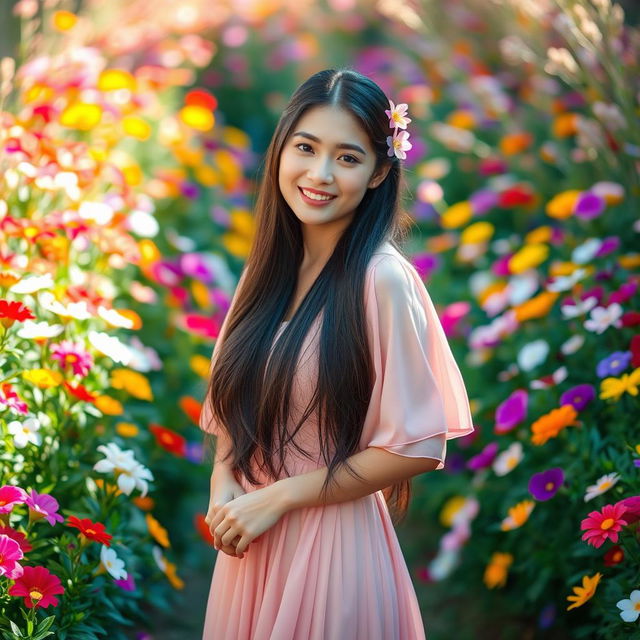 An elegant Asian woman standing gracefully in a vibrant flower garden