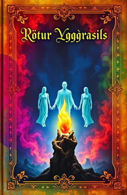An ancient fantasy book cover featuring vibrant colors in the background