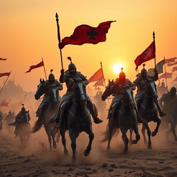 An epic Mamluk battle scene, set in a vast desert landscape during the 13th century