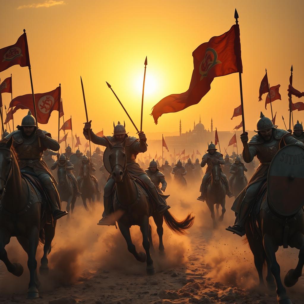 An epic Mamluk battle scene, set in a vast desert landscape during the 13th century