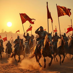 An epic Mamluk battle scene, set in a vast desert landscape during the 13th century