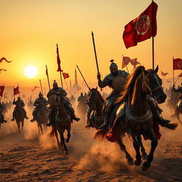 An epic Mamluk battle scene, set in a vast desert landscape during the 13th century