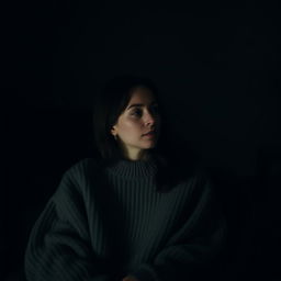 A contemplative woman seated in a dark room, softly illuminated by a single light source casting gentle shadows