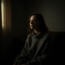 A contemplative woman seated in a dark room, softly illuminated by a single light source casting gentle shadows