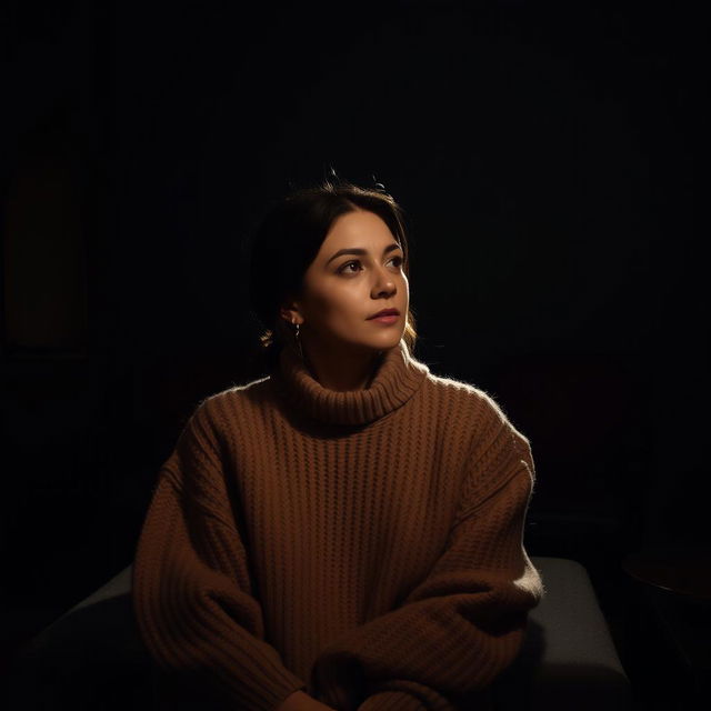 A contemplative woman seated in a dark room, softly illuminated by a single light source casting gentle shadows