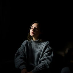 A contemplative woman seated in a dark room, softly illuminated by a single light source casting gentle shadows