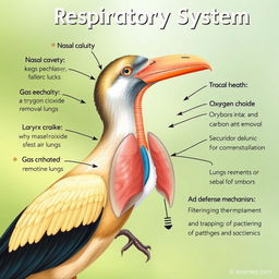 A detailed and educational illustration showcasing a bird's respiratory system, featuring major components like the nasal cavity, larynx, trachea, bronchi, and lungs