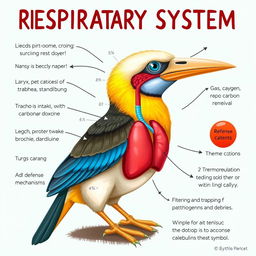 A detailed and educational illustration showcasing a bird's respiratory system, featuring major components like the nasal cavity, larynx, trachea, bronchi, and lungs