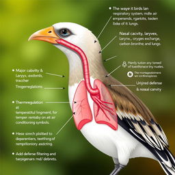 A detailed and educational illustration showcasing a bird's respiratory system, featuring major components like the nasal cavity, larynx, trachea, bronchi, and lungs