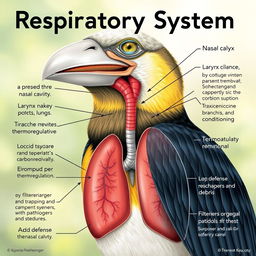 A detailed and educational illustration showcasing a bird's respiratory system, featuring major components like the nasal cavity, larynx, trachea, bronchi, and lungs