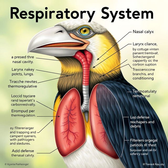 A detailed and educational illustration showcasing a bird's respiratory system, featuring major components like the nasal cavity, larynx, trachea, bronchi, and lungs