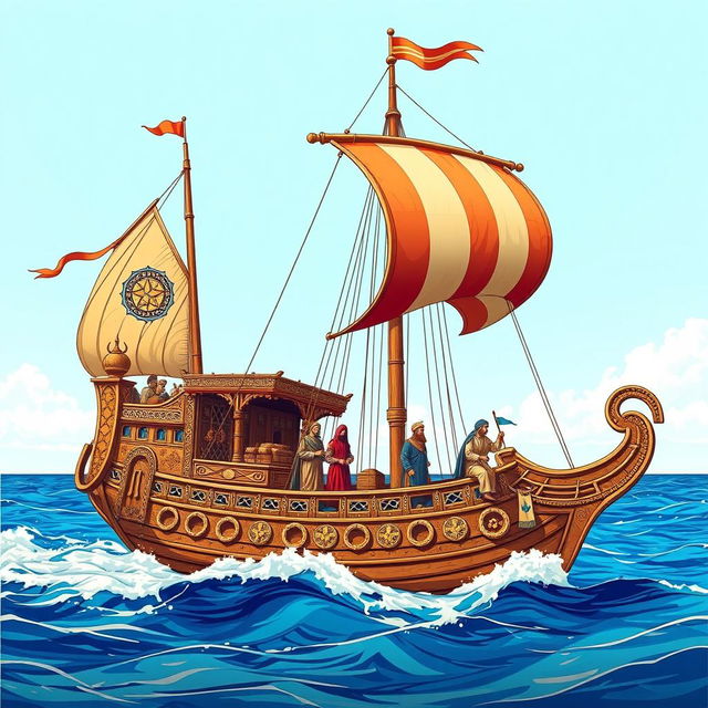 A detailed illustration of a Mamluk ship from the medieval period, showcasing its unique design and craftsmanship