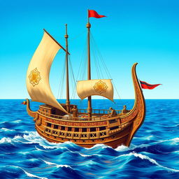 A detailed illustration of a Mamluk ship from the medieval period, showcasing its unique design and craftsmanship