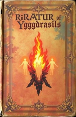 An antique fantasy book cover adorned with vibrant colors in the background, featuring a central flame of fire