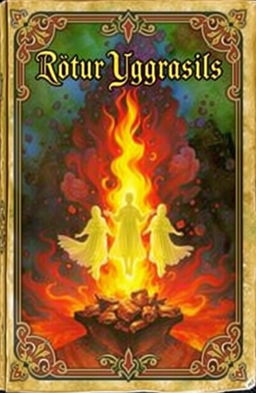 An antique fantasy book cover adorned with vibrant colors in the background, featuring a central flame of fire