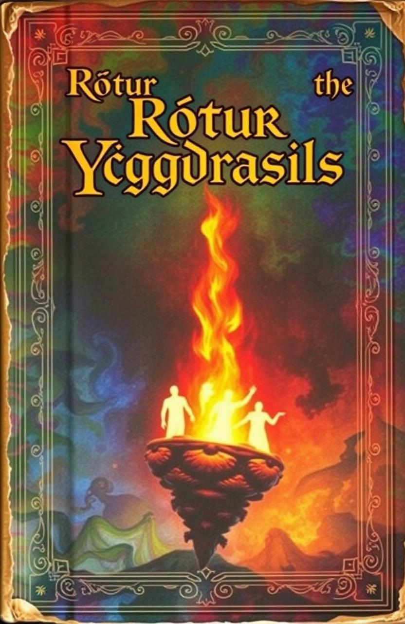 An antique fantasy book cover adorned with vibrant colors in the background, featuring a central flame of fire