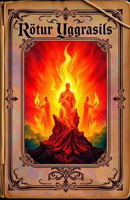 An antique fantasy book cover adorned with vibrant colors in the background, featuring a central flame of fire