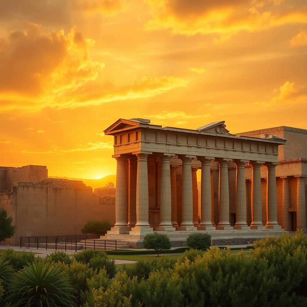 A stunning and artistic depiction of Persepolis and Pasargadae, bathed in golden honey tones