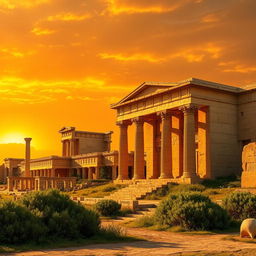 A stunning and artistic depiction of Persepolis and Pasargadae, bathed in golden honey tones