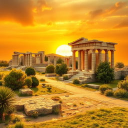 A stunning and artistic depiction of Persepolis and Pasargadae, bathed in golden honey tones