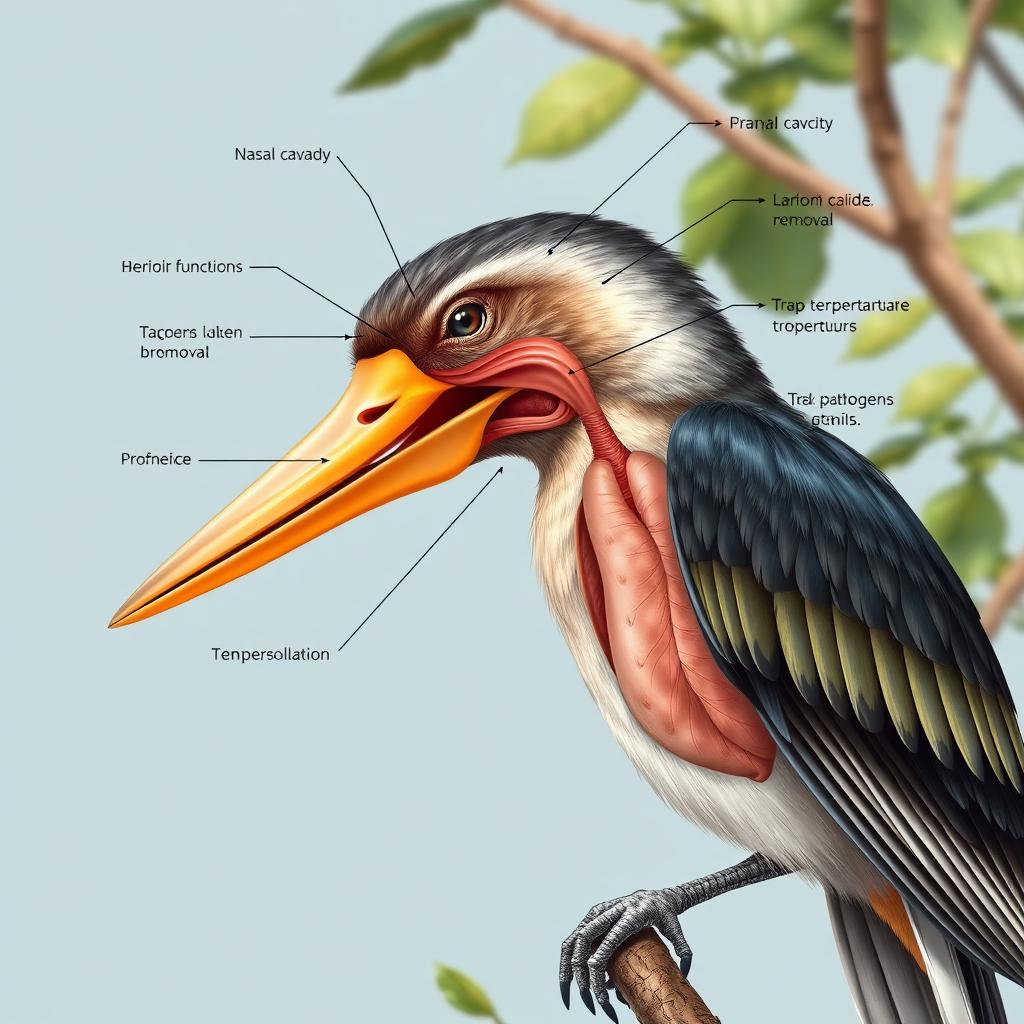 An ultra-detailed illustration of a bird showing its respiratory system, including the nasal cavity, larynx, trachea, bronchi, and lungs