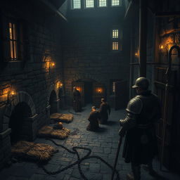 A dark and gritty medieval prison scene, featuring stone walls with iron bars on the windows, flickering torches casting shadows, a damp, cold atmosphere, and heavy wooden doors