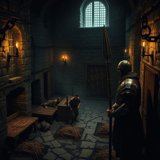 A dark and gritty medieval prison scene, featuring stone walls with iron bars on the windows, flickering torches casting shadows, a damp, cold atmosphere, and heavy wooden doors