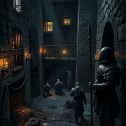 A dark and gritty medieval prison scene, featuring stone walls with iron bars on the windows, flickering torches casting shadows, a damp, cold atmosphere, and heavy wooden doors