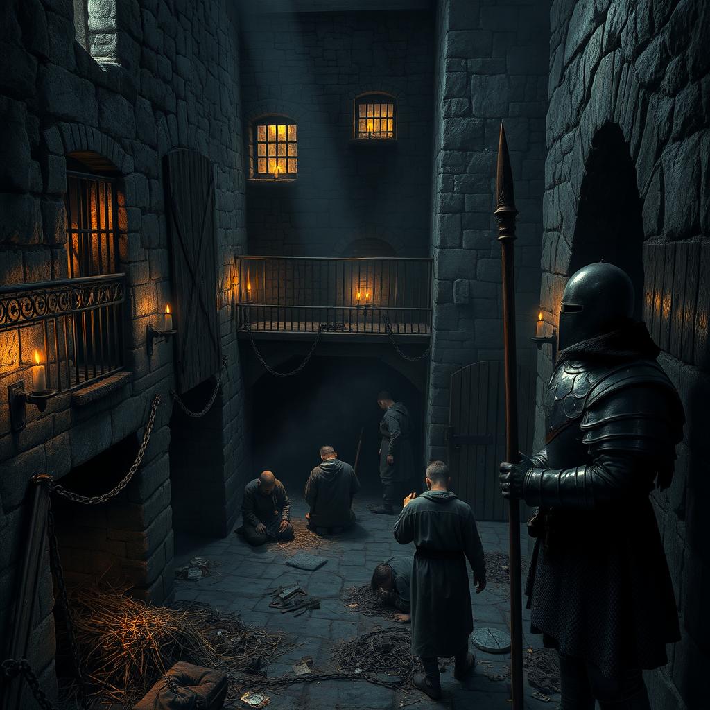 A dark and gritty medieval prison scene, featuring stone walls with iron bars on the windows, flickering torches casting shadows, a damp, cold atmosphere, and heavy wooden doors