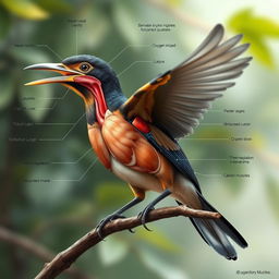 An ultra-realistic illustration of a bird showcasing its respiratory system, including detailed visual representations of its nasal cavity, larynx, trachea, bronchi, lungs, and associated muscles